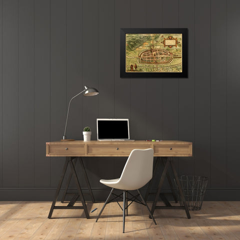 Kalkar Germany Black Modern Wood Framed Art Print by Hogenberg, Braun