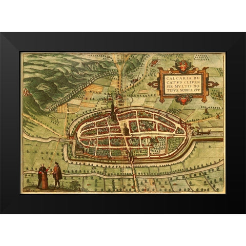 Kalkar Germany Black Modern Wood Framed Art Print by Hogenberg, Braun