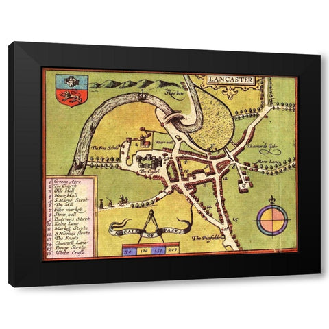 Lancaster England Black Modern Wood Framed Art Print by Hogenberg, Braun