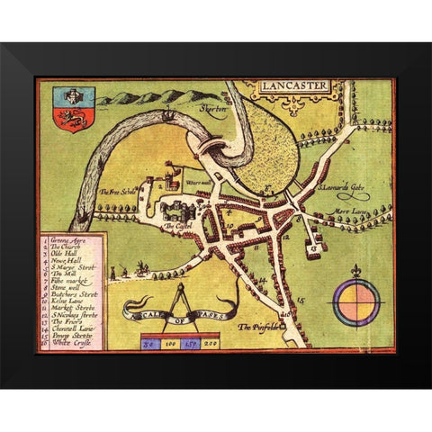 Lancaster England Black Modern Wood Framed Art Print by Hogenberg, Braun