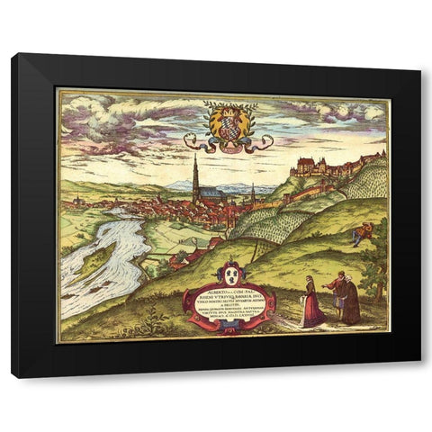 Landshut Germany Black Modern Wood Framed Art Print with Double Matting by Hogenberg, Braun