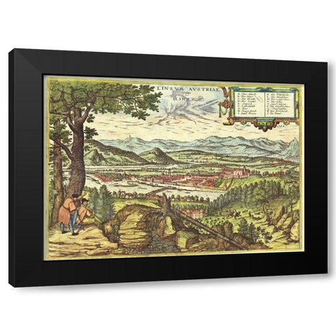 Linz Austria Black Modern Wood Framed Art Print by Hogenberg, Braun