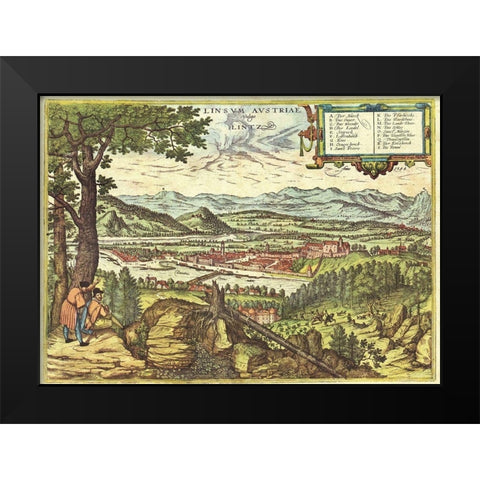 Linz Austria Black Modern Wood Framed Art Print by Hogenberg, Braun
