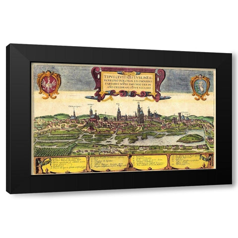 Lublin Poland Black Modern Wood Framed Art Print by Hogenberg, Braun