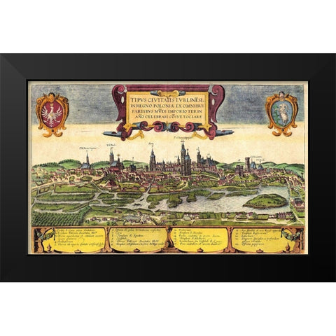 Lublin Poland Black Modern Wood Framed Art Print by Hogenberg, Braun