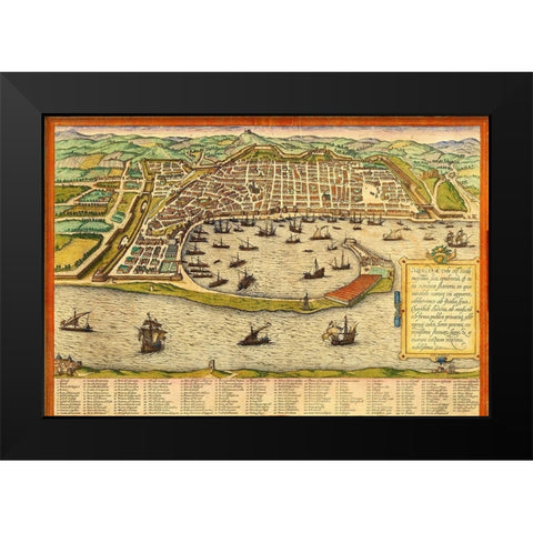 Messina Italy Black Modern Wood Framed Art Print by Hogenberg, Braun