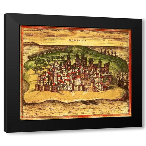 Mombasa Kenya Africa Black Modern Wood Framed Art Print with Double Matting by Hogenberg, Braun