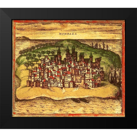 Mombasa Kenya Africa Black Modern Wood Framed Art Print by Hogenberg, Braun