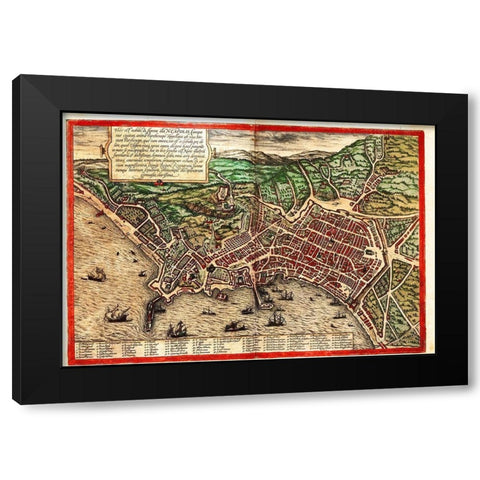 Naples Napoli Italy Black Modern Wood Framed Art Print by Hogenberg, Braun