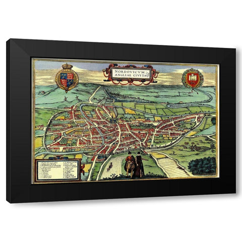 Norwich England Black Modern Wood Framed Art Print with Double Matting by Hogenberg, Braun