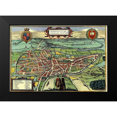 Norwich England Black Modern Wood Framed Art Print by Hogenberg, Braun