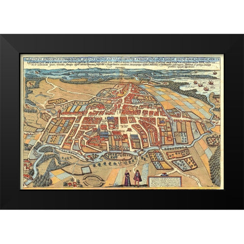 Odense Denmark Black Modern Wood Framed Art Print by Hogenberg, Braun