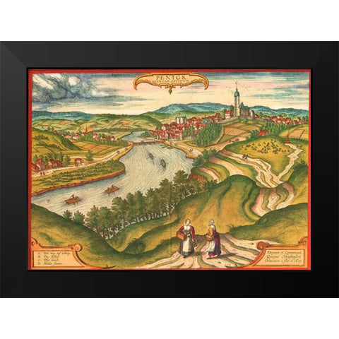 Penig Germany Black Modern Wood Framed Art Print by Hogenberg, Braun