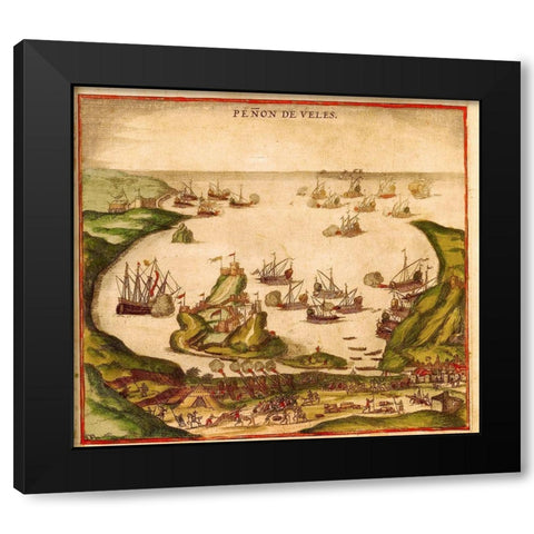 Penon de Velez de la Gomera Black Modern Wood Framed Art Print with Double Matting by Hogenberg, Braun