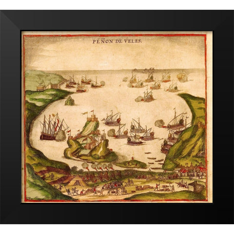 Penon de Velez de la Gomera Black Modern Wood Framed Art Print by Hogenberg, Braun