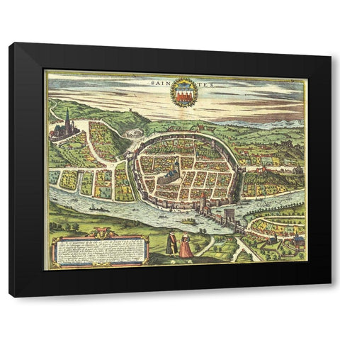 Saintes France Black Modern Wood Framed Art Print with Double Matting by Hogenberg, Braun