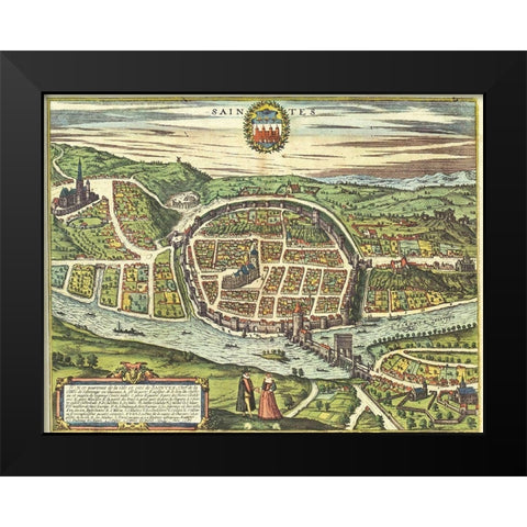 Saintes France Black Modern Wood Framed Art Print by Hogenberg, Braun