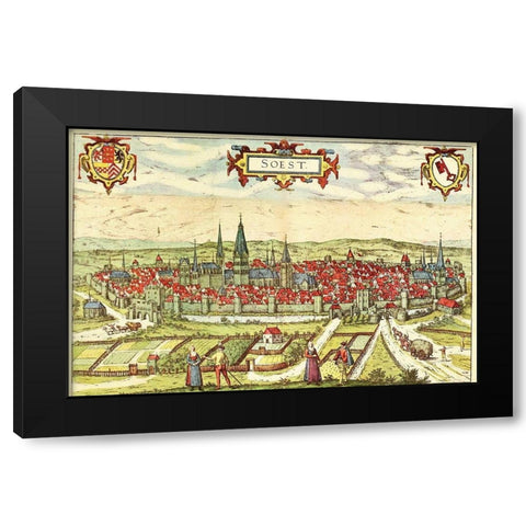 Soest Germany Black Modern Wood Framed Art Print with Double Matting by Hogenberg, Braun