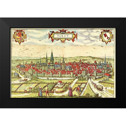 Soest Germany Black Modern Wood Framed Art Print by Hogenberg, Braun