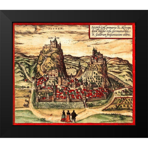 Sion Switzerland Black Modern Wood Framed Art Print by Hogenberg, Braun