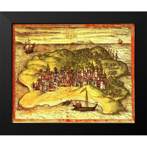 Kilwa Tanzania Black Modern Wood Framed Art Print by Hogenberg, Braun