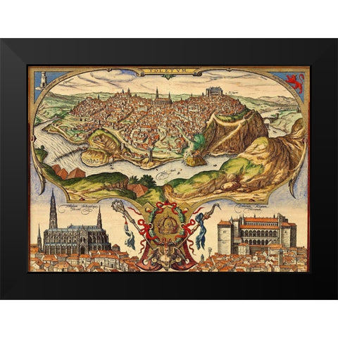 Toledo Spain Black Modern Wood Framed Art Print by Hogenberg, Braun
