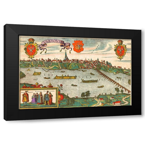 Warsaw Poland Black Modern Wood Framed Art Print with Double Matting by Hogenberg, Braun