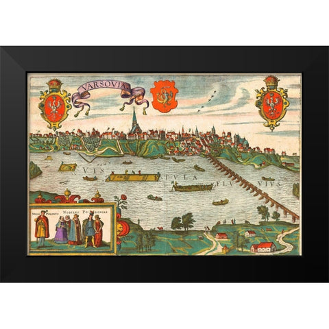 Warsaw Poland Black Modern Wood Framed Art Print by Hogenberg, Braun
