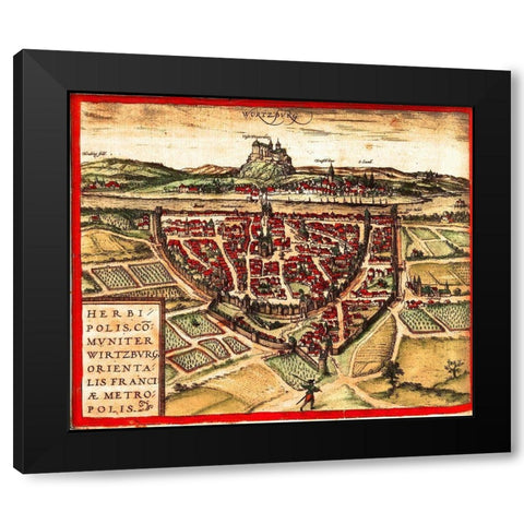 Wurzburg Germany Black Modern Wood Framed Art Print with Double Matting by Hogenberg, Braun