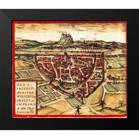 Wurzburg Germany Black Modern Wood Framed Art Print by Hogenberg, Braun
