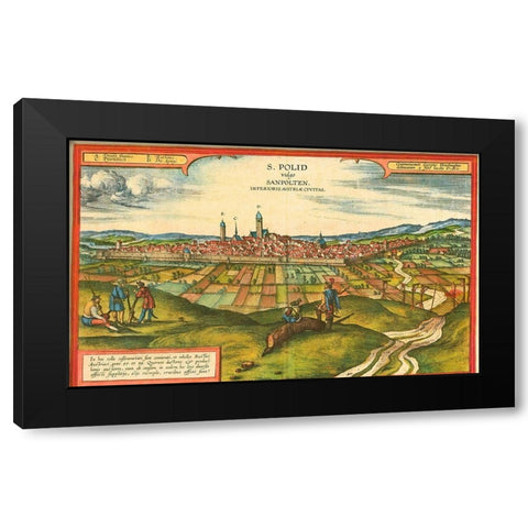 Sankt Polten Austria Black Modern Wood Framed Art Print with Double Matting by Hogenberg, Braun