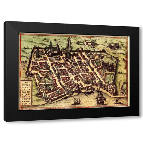 Bordeaux France Black Modern Wood Framed Art Print with Double Matting by Hogenberg, Braun