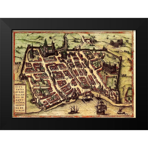 Bordeaux France Black Modern Wood Framed Art Print by Hogenberg, Braun