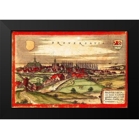 Netherlands Zeeland Brouvershaven Black Modern Wood Framed Art Print by Hogenberg, Braun
