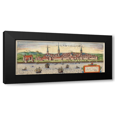 Riga Latvia Black Modern Wood Framed Art Print by Hogenberg, Braun