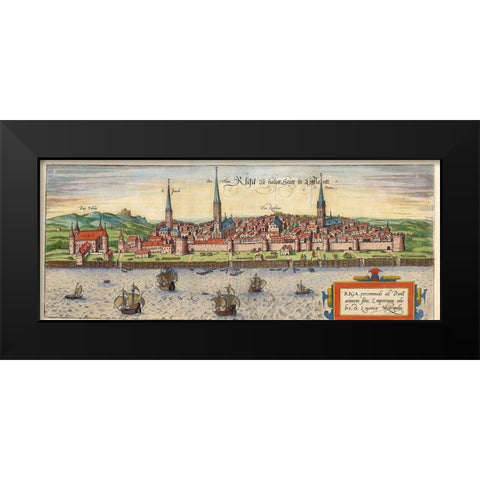 Riga Latvia Black Modern Wood Framed Art Print by Hogenberg, Braun