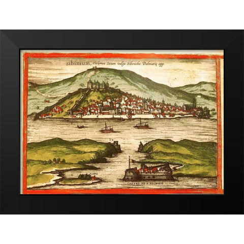 Sibenik Croatia Black Modern Wood Framed Art Print by Hogenberg, Braun