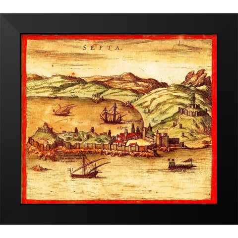 Ceuta Spain Black Modern Wood Framed Art Print by Hogenberg, Braun