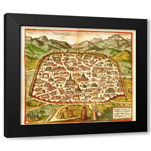 Damascus Syria Black Modern Wood Framed Art Print with Double Matting by Hogenberg, Braun