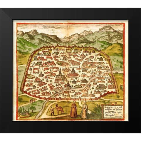 Damascus Syria Black Modern Wood Framed Art Print by Hogenberg, Braun