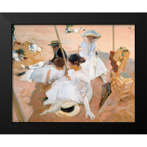 Under the awning-on the Beach at Zarauz Black Modern Wood Framed Art Print by Sorolla, Joaquin