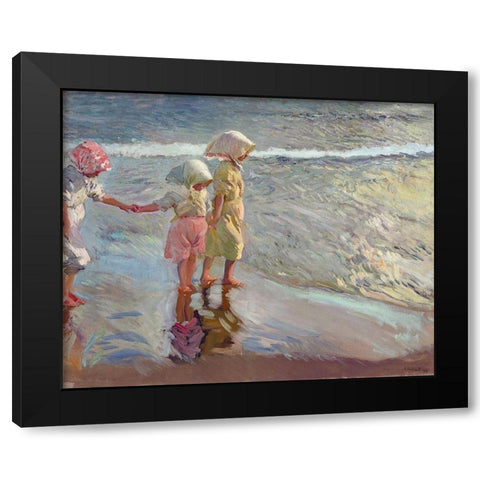 The three sisters on the beach Black Modern Wood Framed Art Print by Sorolla, Joaquin