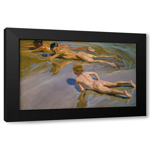 Boys On The Beach Black Modern Wood Framed Art Print with Double Matting by Sorolla, Joaquin