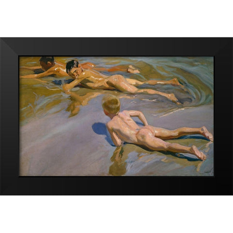 Boys On The Beach Black Modern Wood Framed Art Print by Sorolla, Joaquin