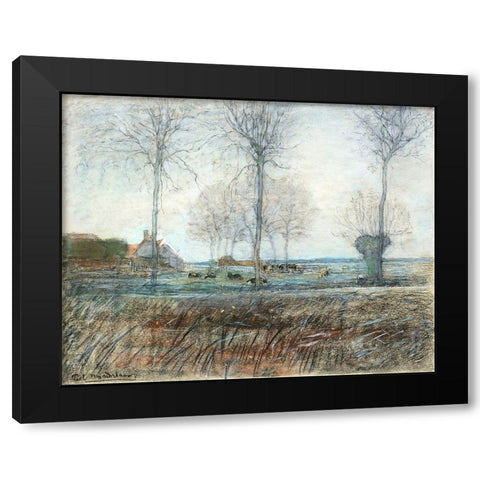 Farm Setting-Three Tall Trees in the Foreground Black Modern Wood Framed Art Print by Mondrian, Piet