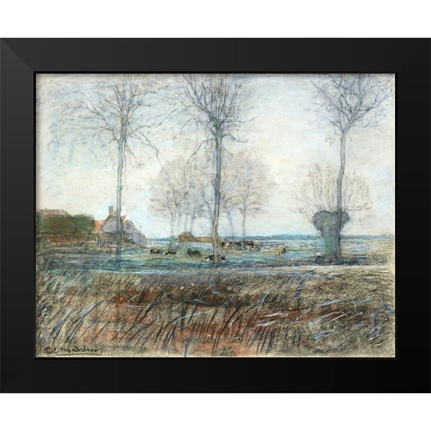 Farm Setting-Three Tall Trees in the Foreground Black Modern Wood Framed Art Print by Mondrian, Piet