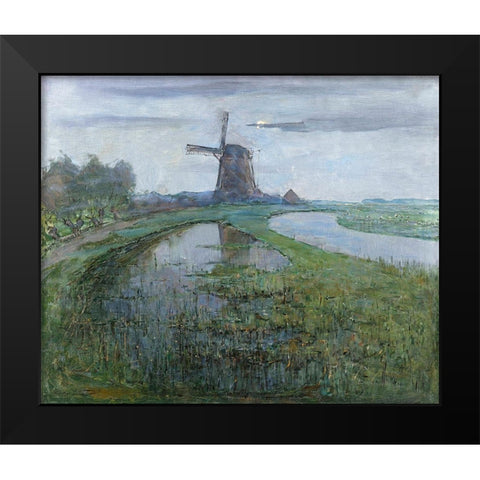 Oostzijdse Mill along the River Gein by Moonlight Black Modern Wood Framed Art Print by Mondrian, Piet