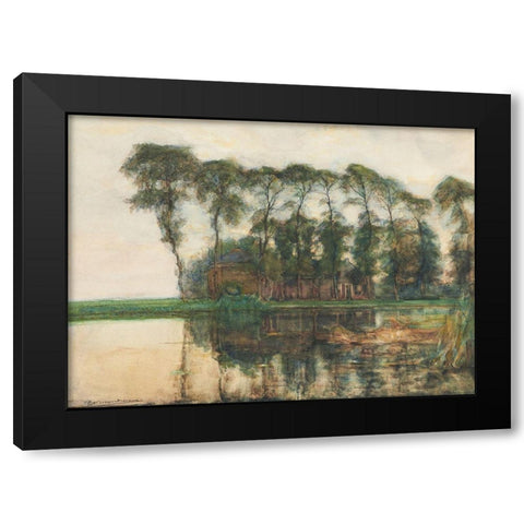Farmstead along the water screened by nine tall trees Black Modern Wood Framed Art Print by Mondrian, Piet