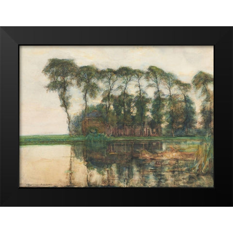 Farmstead along the water screened by nine tall trees Black Modern Wood Framed Art Print by Mondrian, Piet
