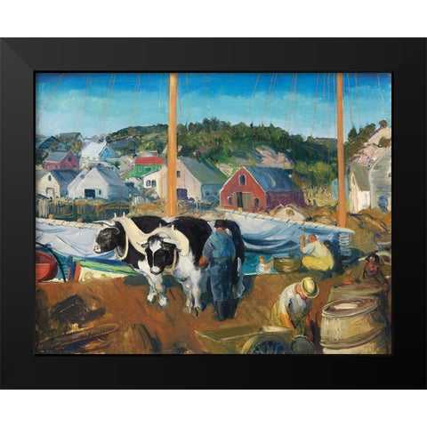 Ox Team-Wharf at Matinicus Black Modern Wood Framed Art Print by Bellows, George